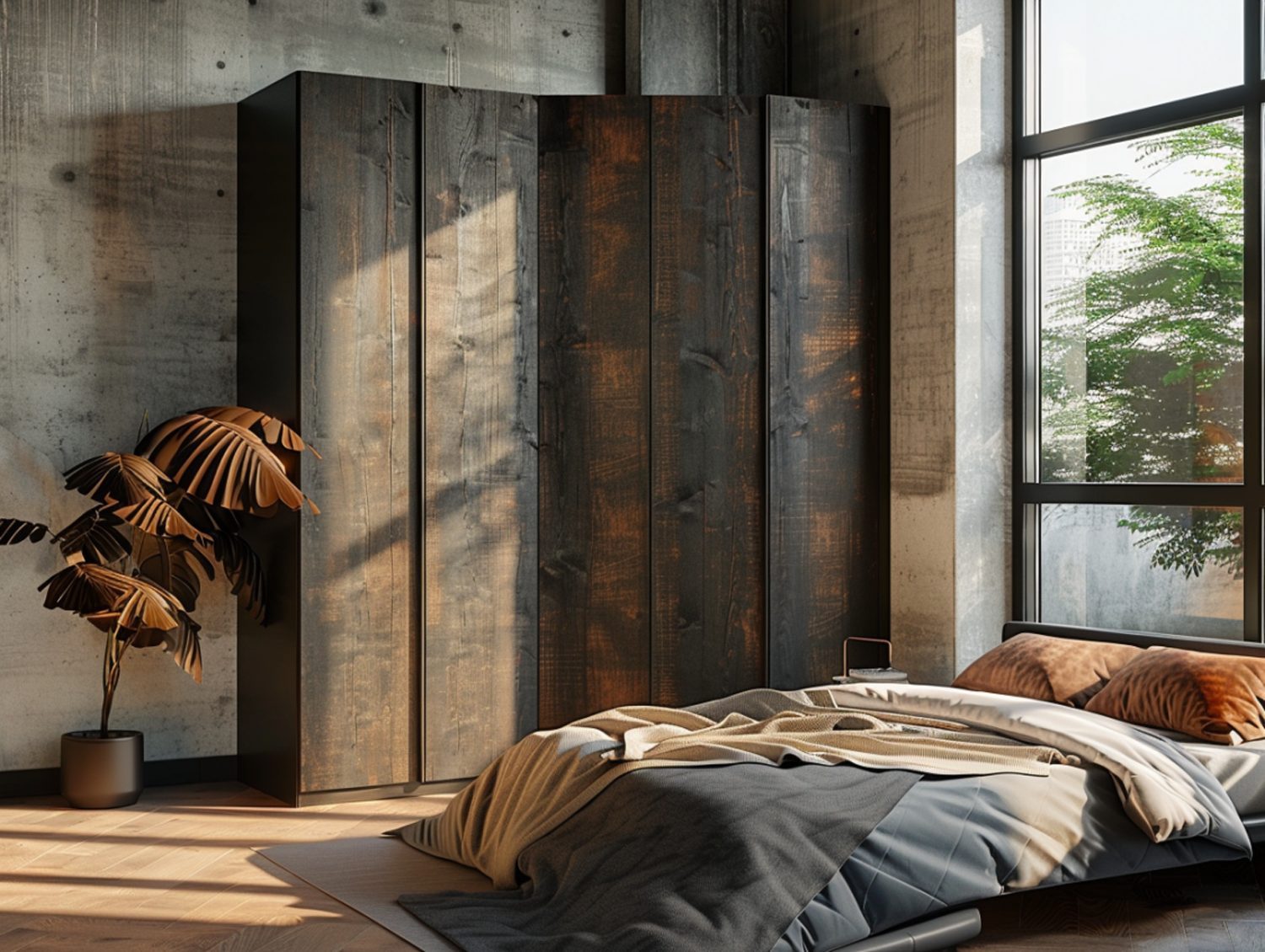 Loftowa sypialnia z łóżkiem drewnianym i dekoracyjną ścianą z metalu