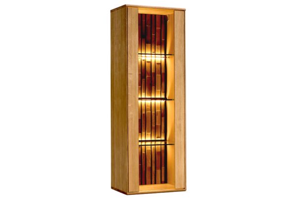 Wąska witryna z dekoracyjnym tłem i oświetleniem – mebel ekspozycyjny