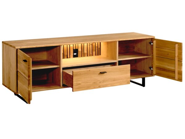 Komoda RTV z otwartą szufladą i oświetleniem – funkcjonalność i styl