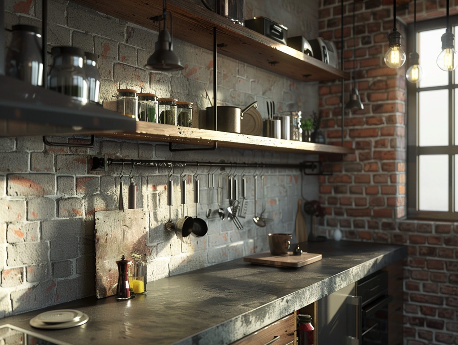 Loftowa kuchnia z cegłą i metalowymi półkami w industrialnym stylu