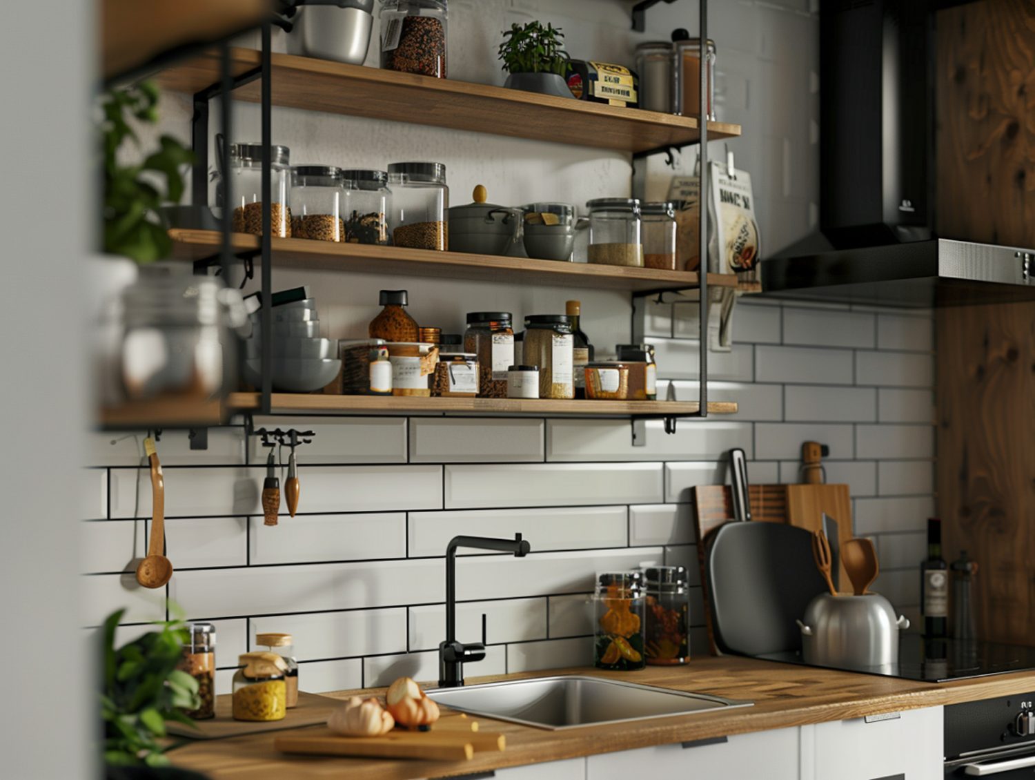 Kuchnia w stylu farmhouse z drewnianymi półkami i białymi kafelkami
