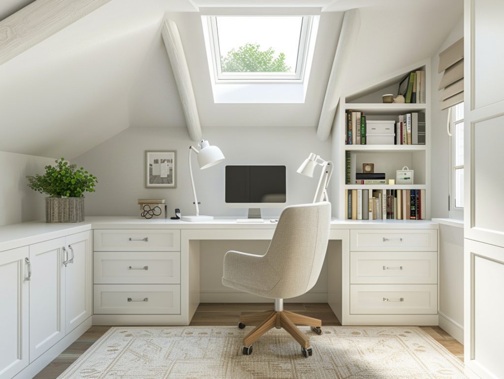 Białe biurko i krzesło obrotowe w skandynawskim biurze na poddaszu
