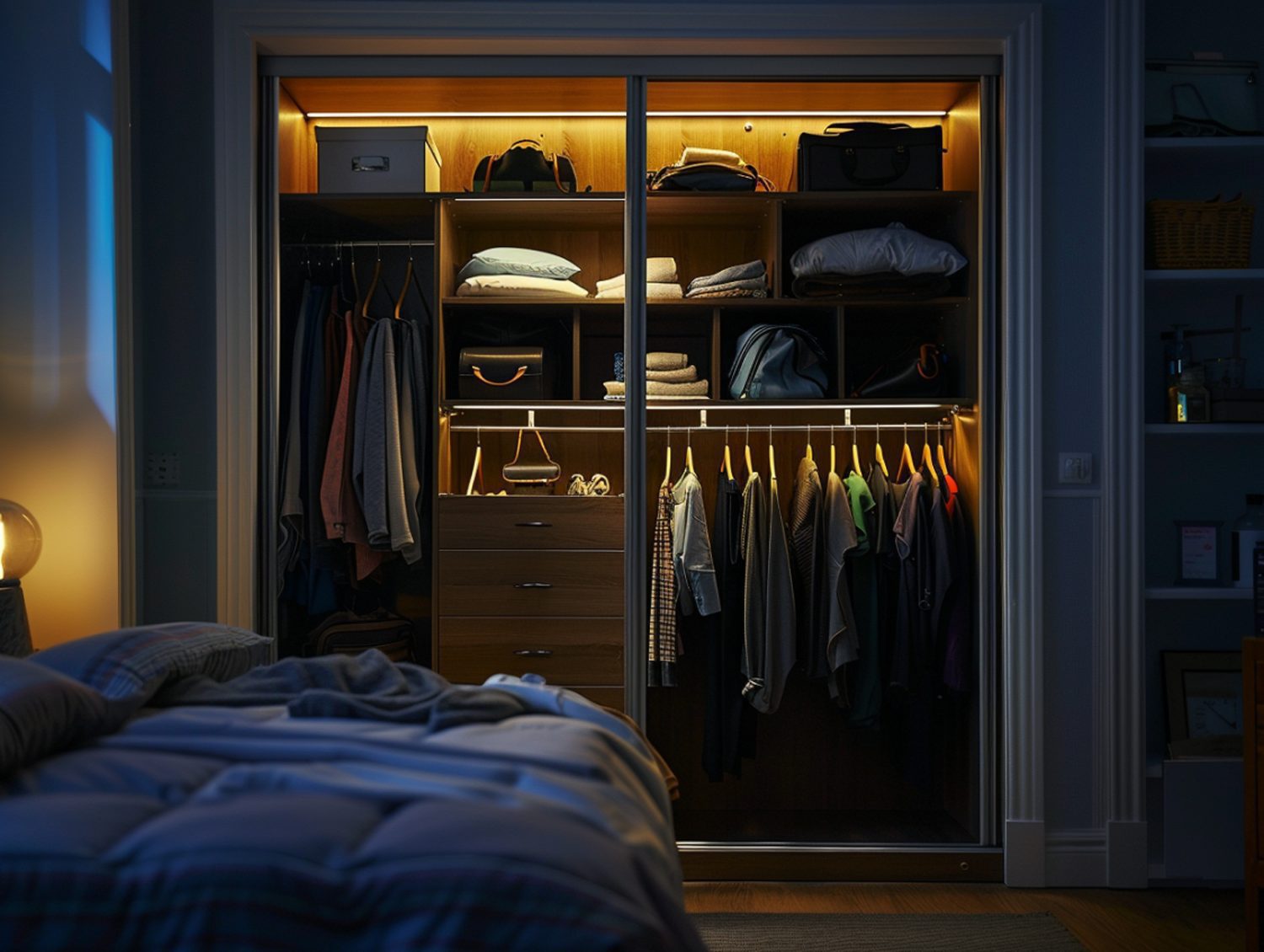 Nowoczesna garderoba z podświetlanymi półkami i drążkiem na ubrania