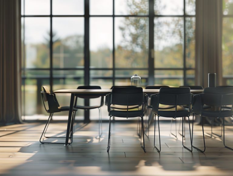 Nowoczesny stół czarny konferencyjny z czarnymi krzesłami w biurze loftowym