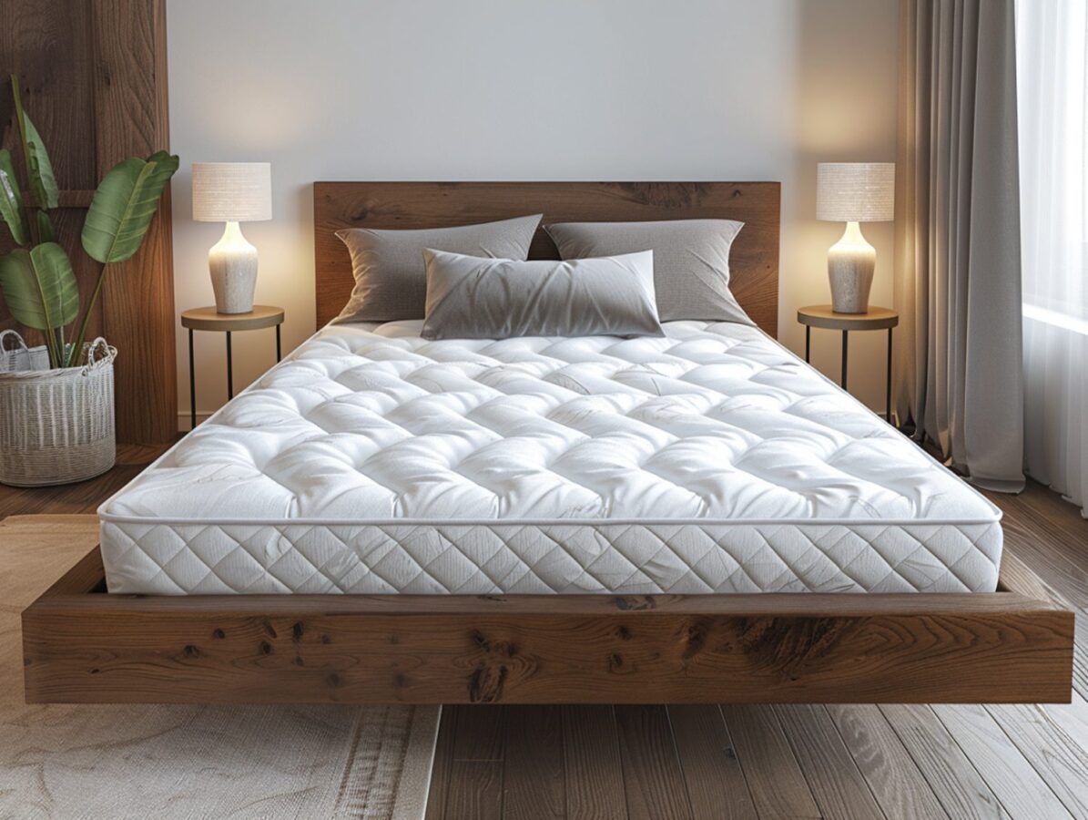 Drewniane łóżko z materacem sprężynowym w jasnej sypialni