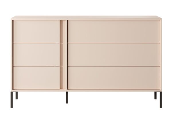 Komoda z pionowym dekorem i metalowymi nogami – lekka forma