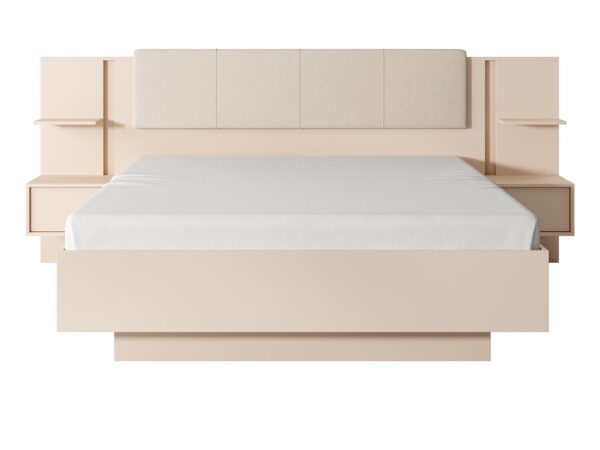 Frontalny widok łóżka z miękkim panelem i prostą konstrukcją – nowoczesna elegancja