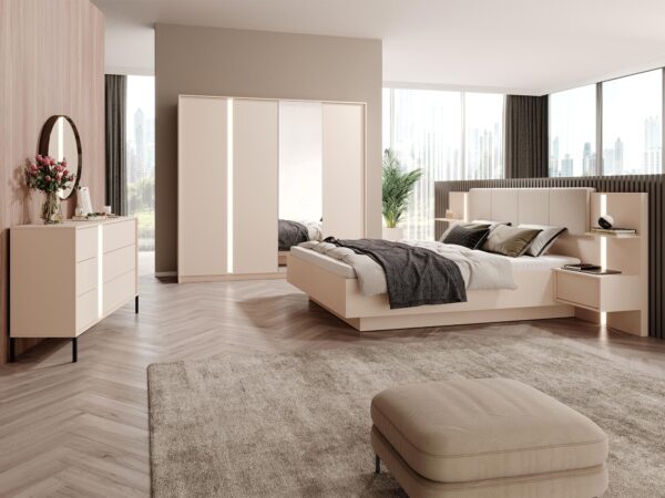 Jasny salon z beżową szafą przesuwną – przestronny i uporządkowany wystrój