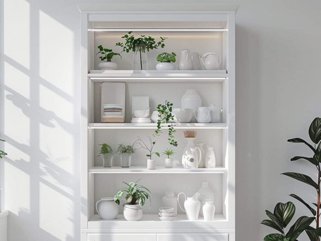 Regał z półkami na ceramikę i porcelanę w białym wnętrzu