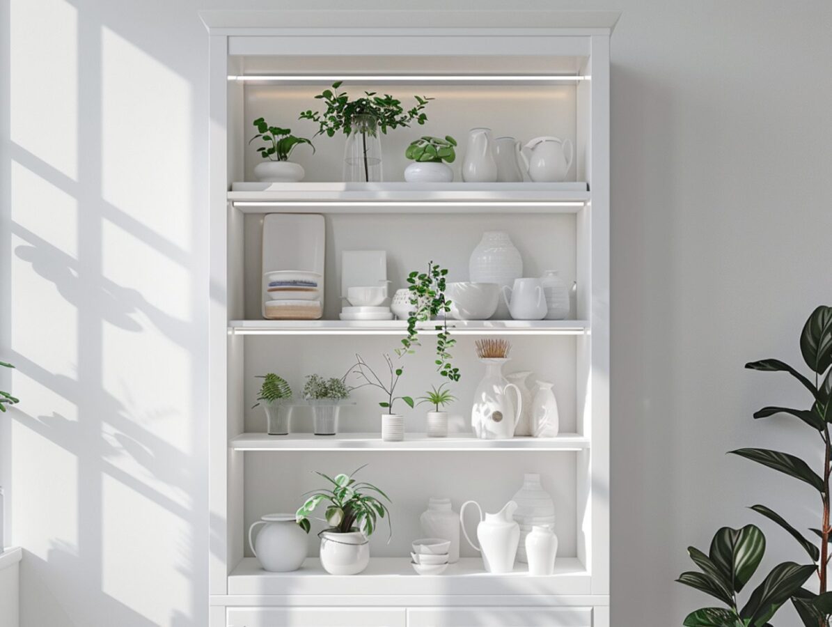 Regał z półkami na ceramikę i porcelanę w białym wnętrzu