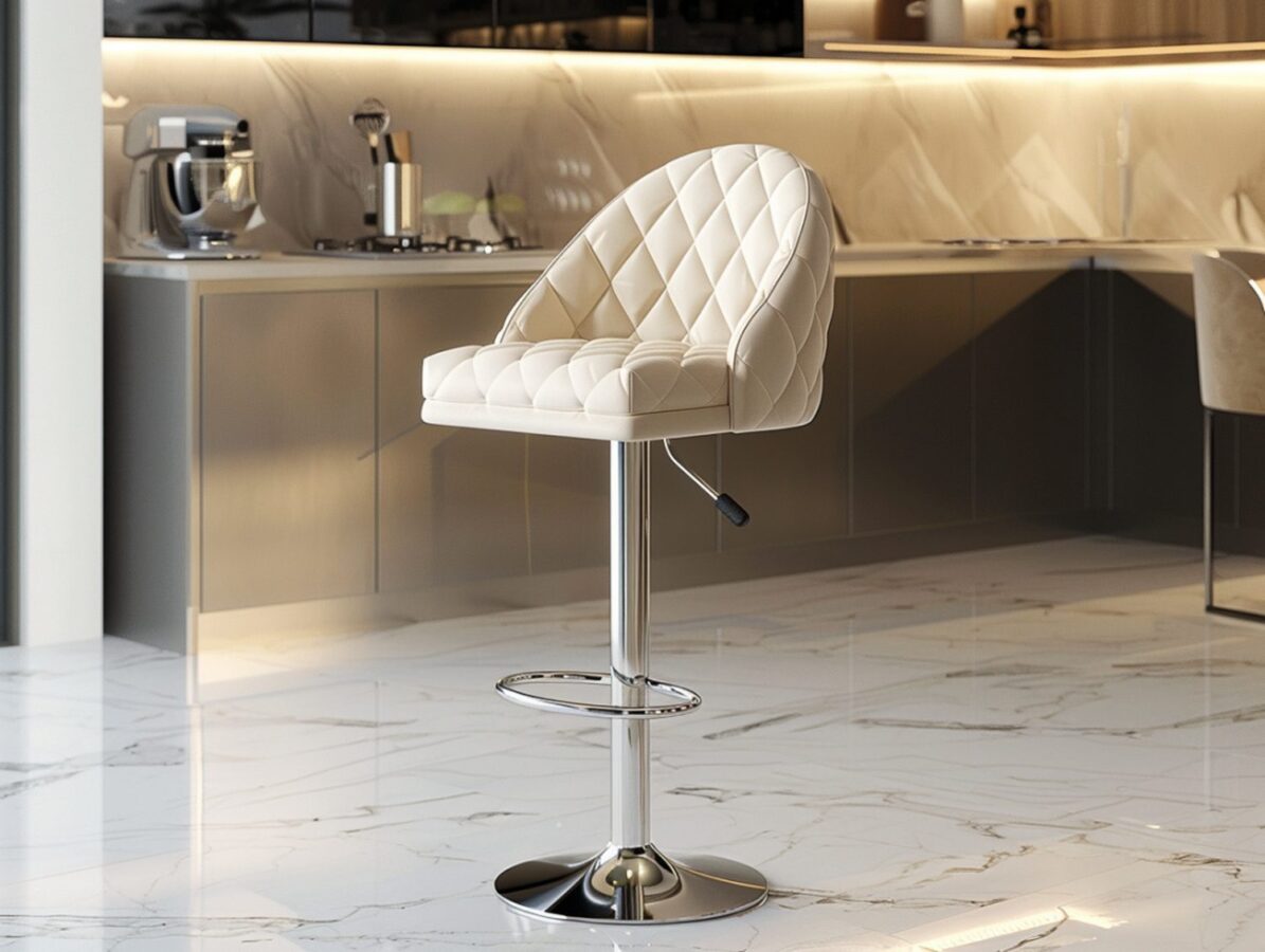 Hoker z białym pikowanym siedziskiem w eleganckiej kuchni