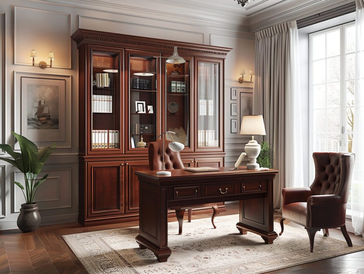 Stylowy gabinet z klasycznym biurkiem i witryną z drewna