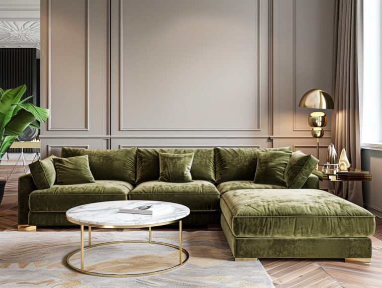 Zielony narożnik welurowy z marmurowym stolikiem kawowym
