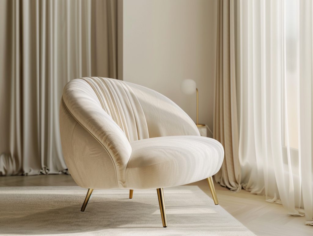 Okrągły fotel tapicerowany w kremowej tkaninie w eleganckim wnętrzu