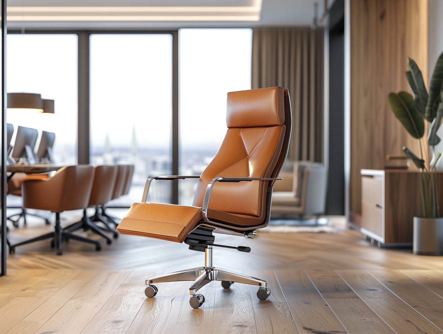 Skórzany fotel obrotowy z podnóżkiem w domowym biurze