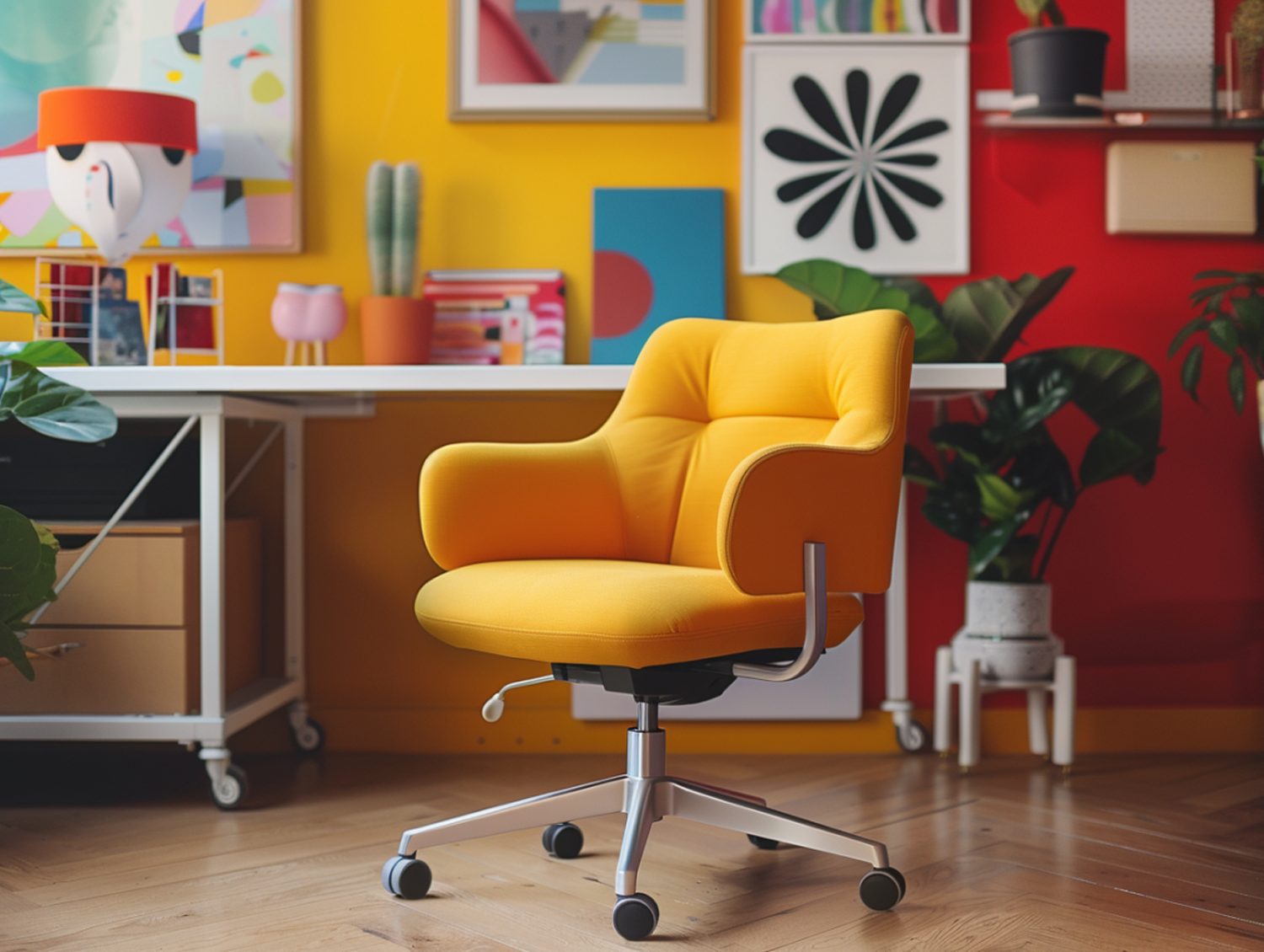 Designerski fotel biurowy w kolorze żółtym w nowoczesnym wnętrzu