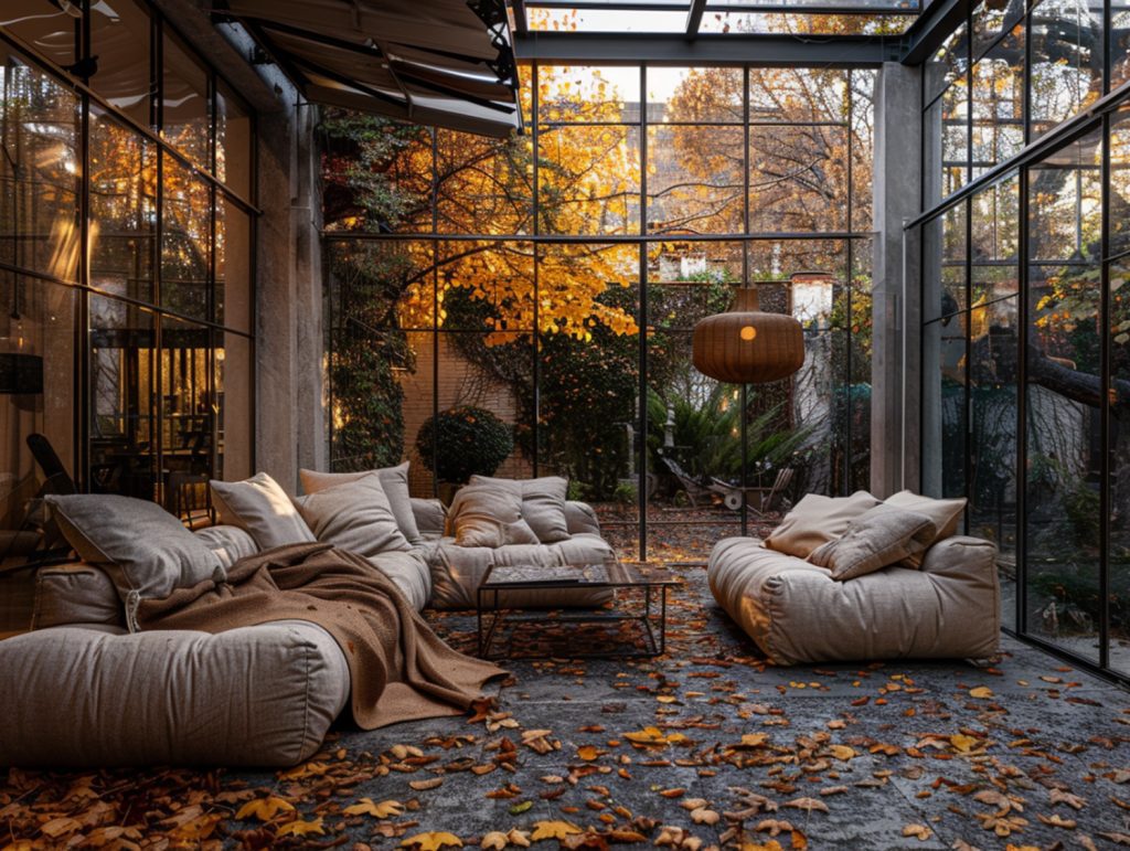 Ogrodowy zestaw wypoczynkowy z poduchami i lampionami jesienią