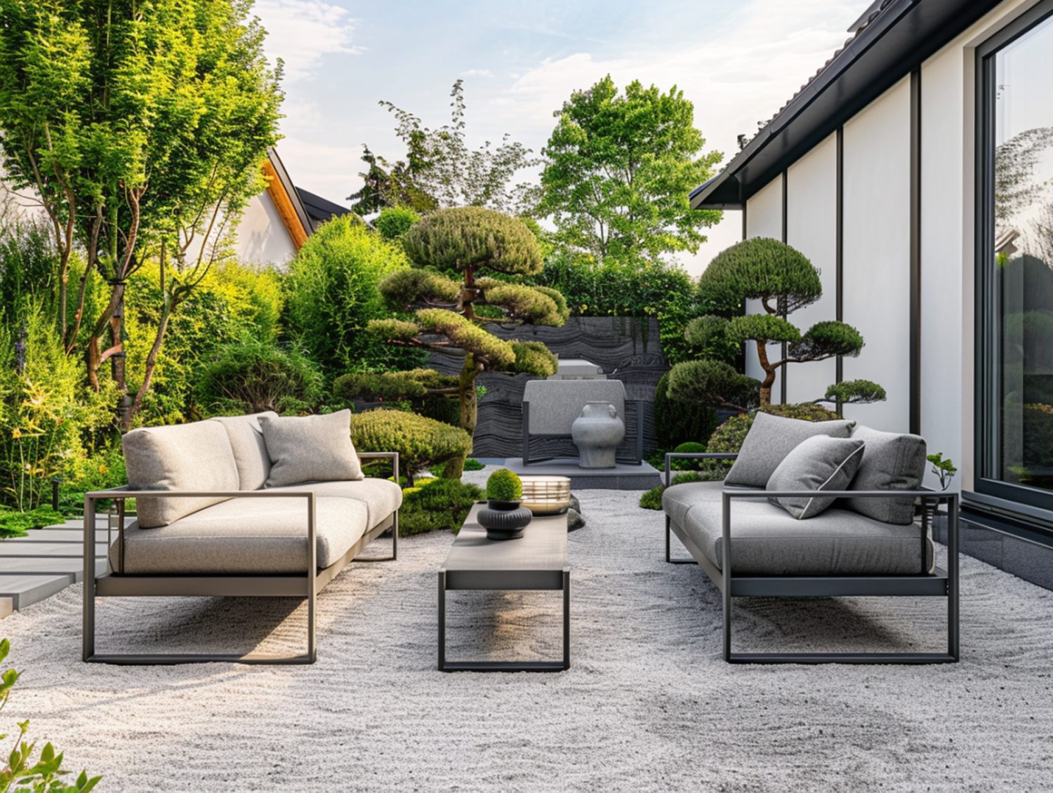 Zestaw wypoczynkowy ogrodowy z szarymi poduszkami w stylu japandi