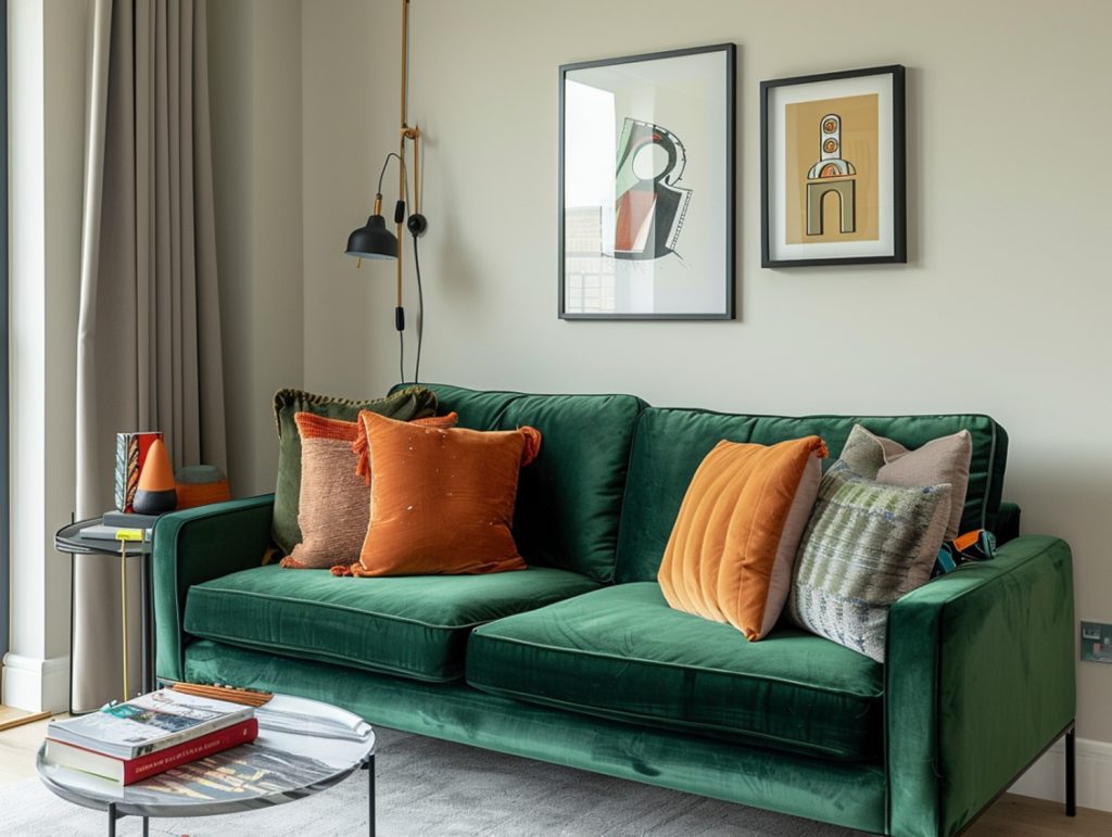 Zielona sofa welurowa z poduszkami w salonie w stylu retro