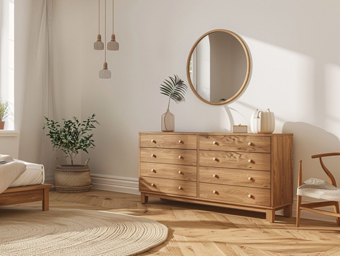 Drewniana komoda z lustrem w skandynawskim stylu w sypialni