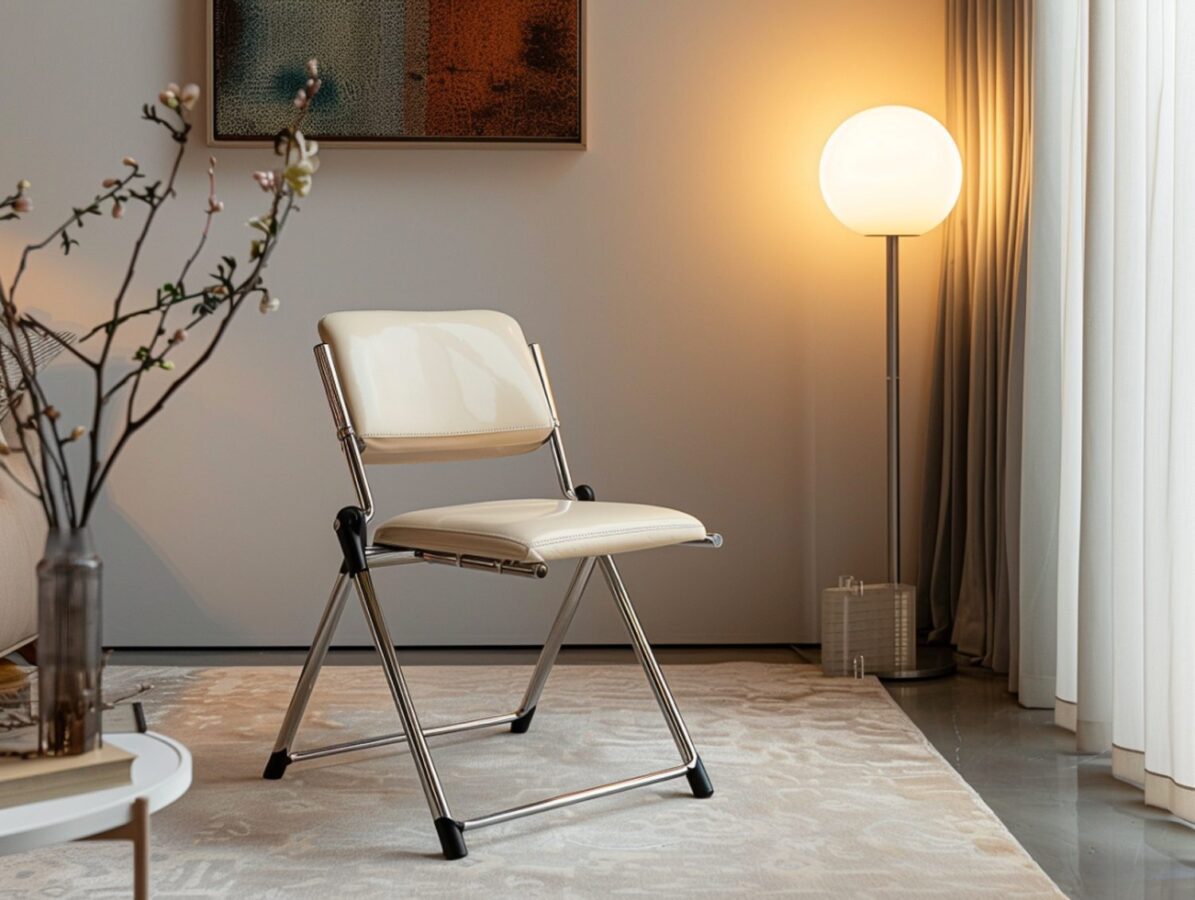 Tapicerowane krzesło z metalowymi nogami w minimalistycznym salonie