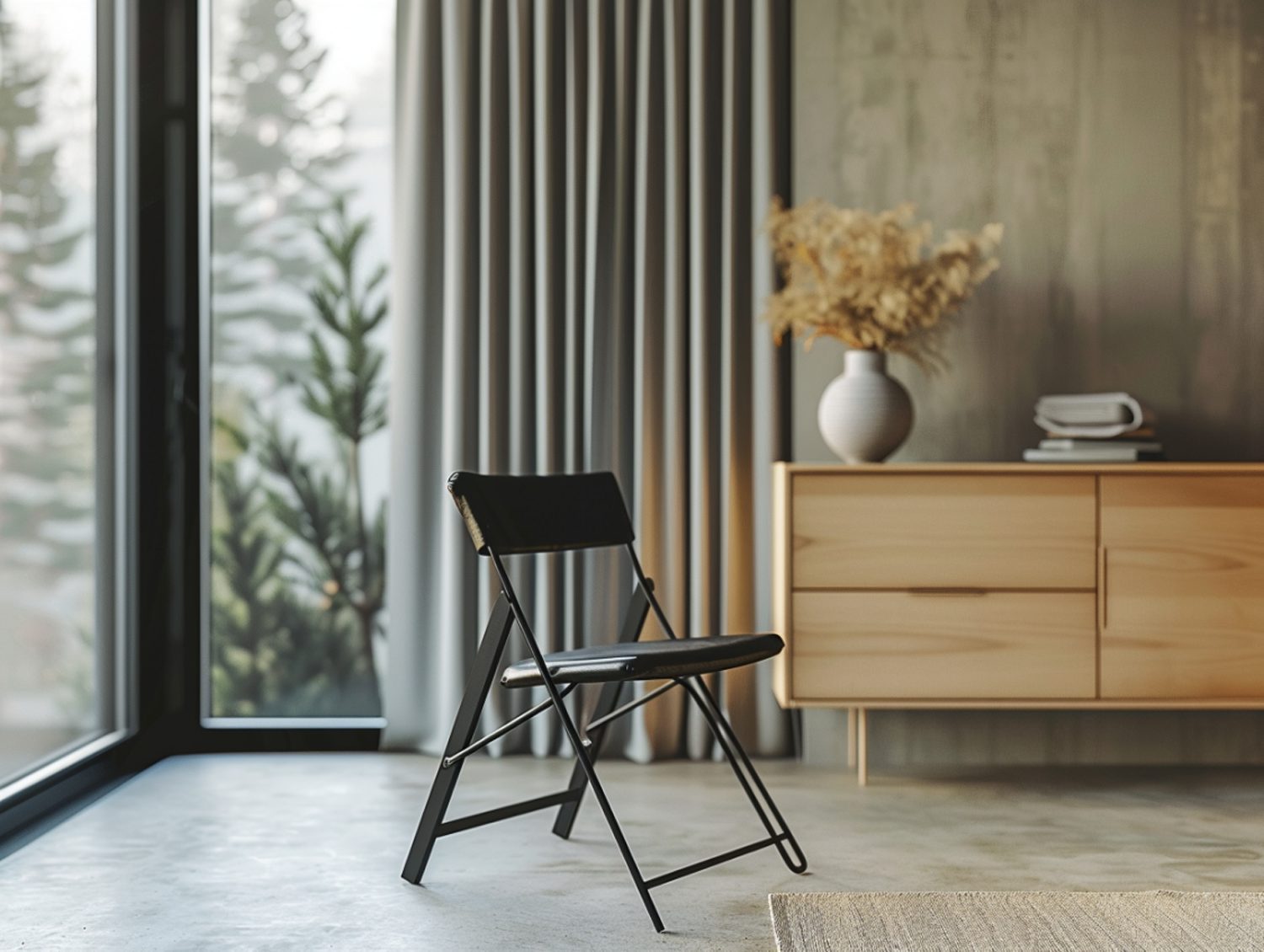 Składane krzesło z metalową ramą w nowoczesnym wnętrzu biurowym