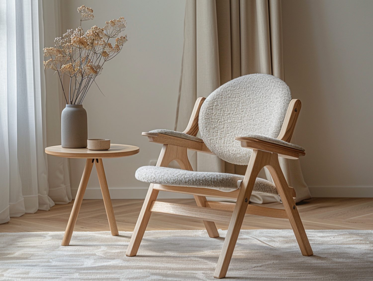 Fotel z oparciem z drewna i tkaniną w stylu skandynawskim