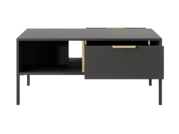 Ciemny stolik kawowy z szufladą i otwartą półką