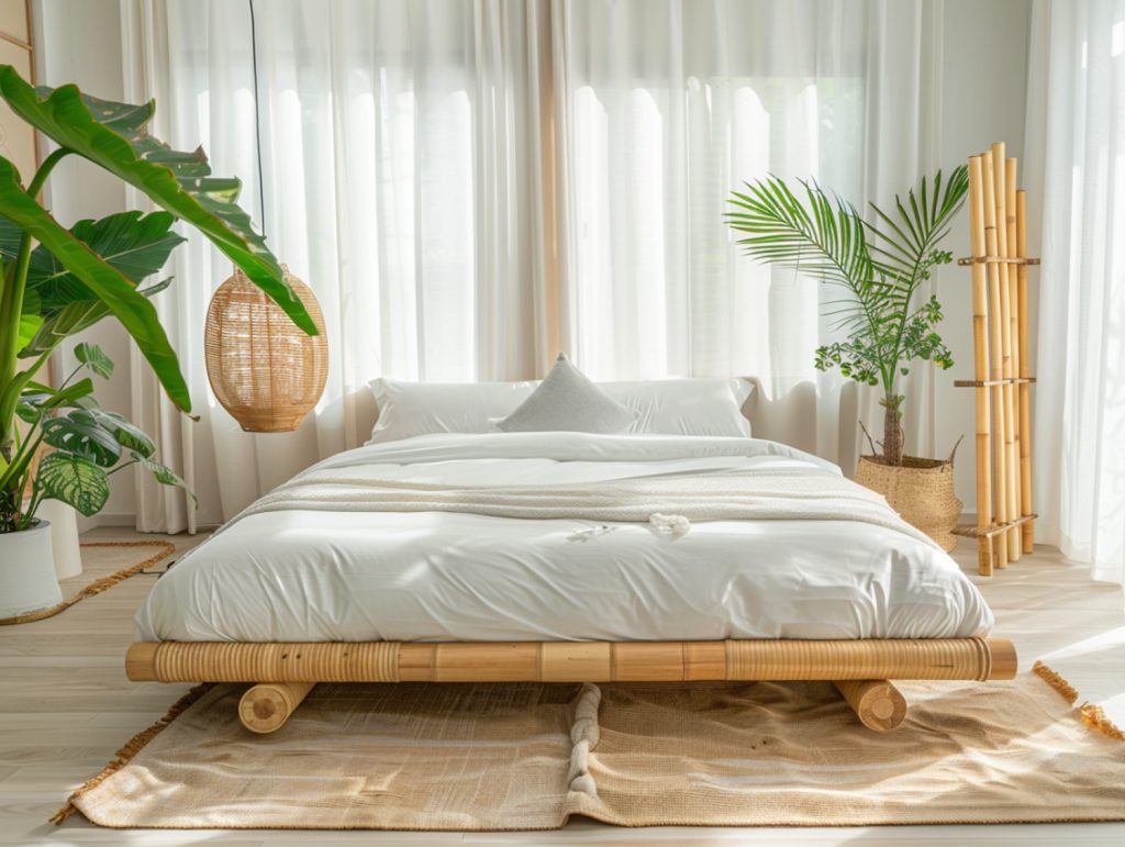 Łóżko z jasnego drewna z matą kokosową w sypialni w stylu boho