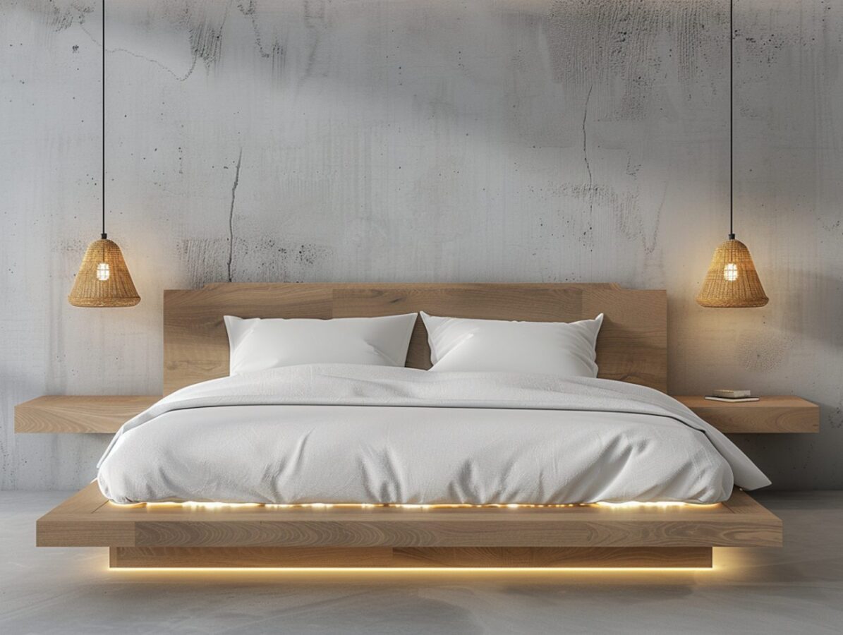 Łóżko z niską ramą i białą pościelą w stylu japandi