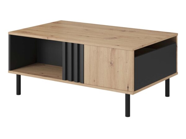 Dębowy stolik kawowy z czarnymi elementami – połączenie loftu i skandynawii