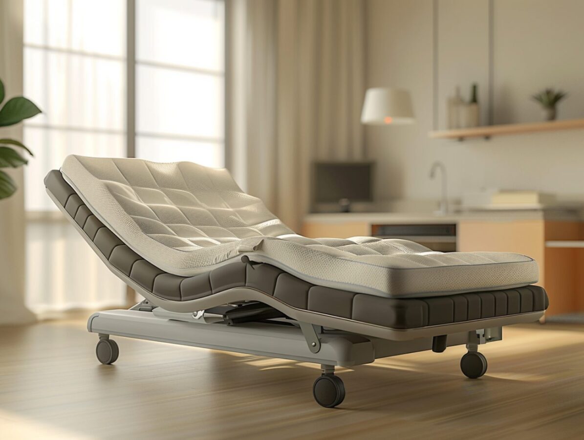 Elektryczne łóżko rehabilitacyjne z pilotem w nowoczesnej sypialni