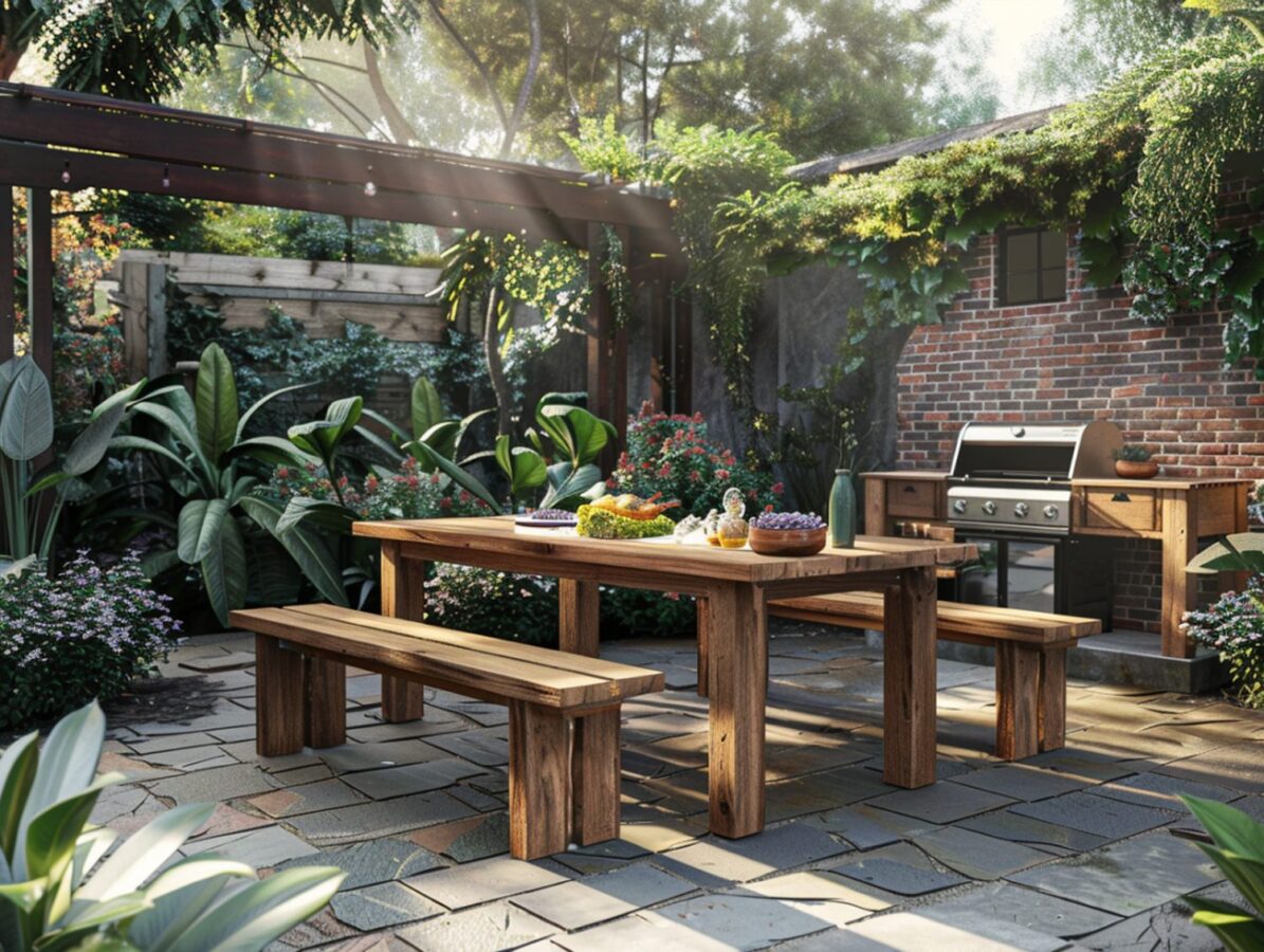 Drewniany zestaw ogrodowy z ławkami w ogrodzie w stylu rustykalnym