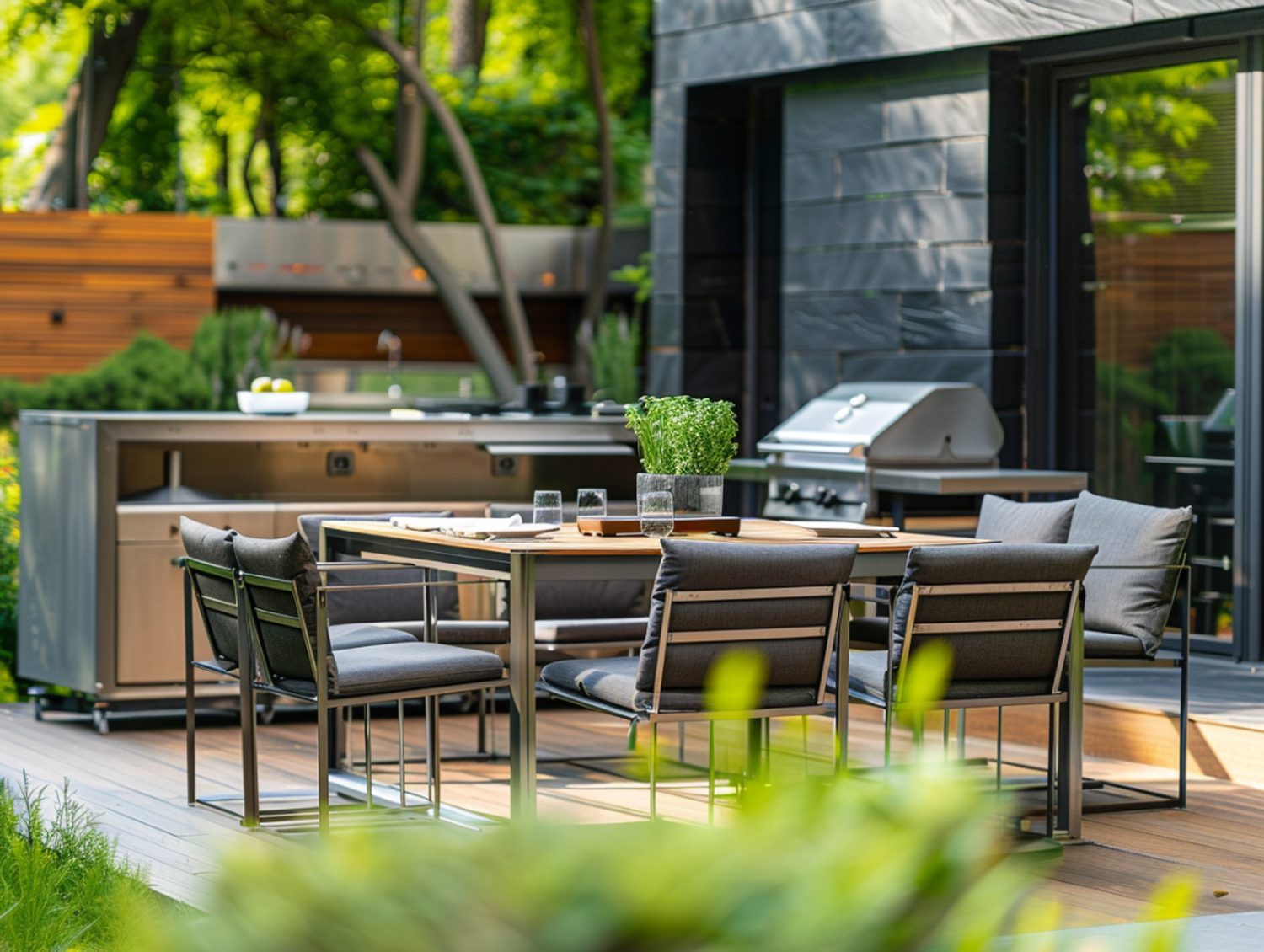 Nowoczesny zestaw ogrodowy z dużym stołem i czarną ramą