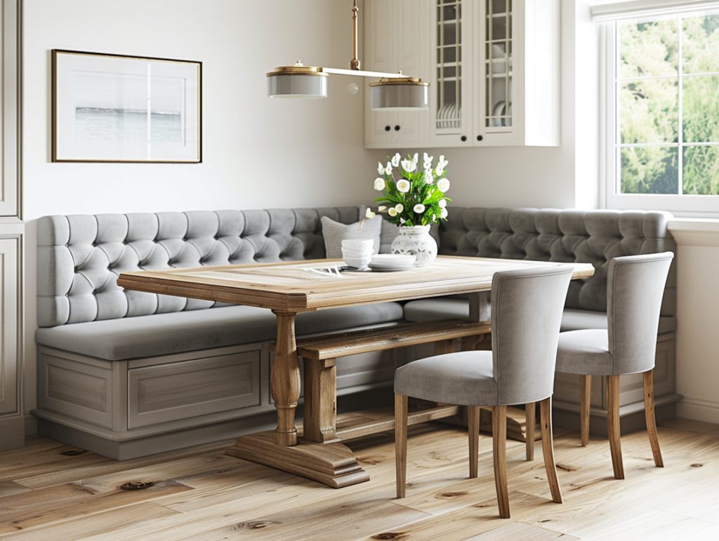 Szary narożnik tapicerowany z jadalnianym stołem w kuchni