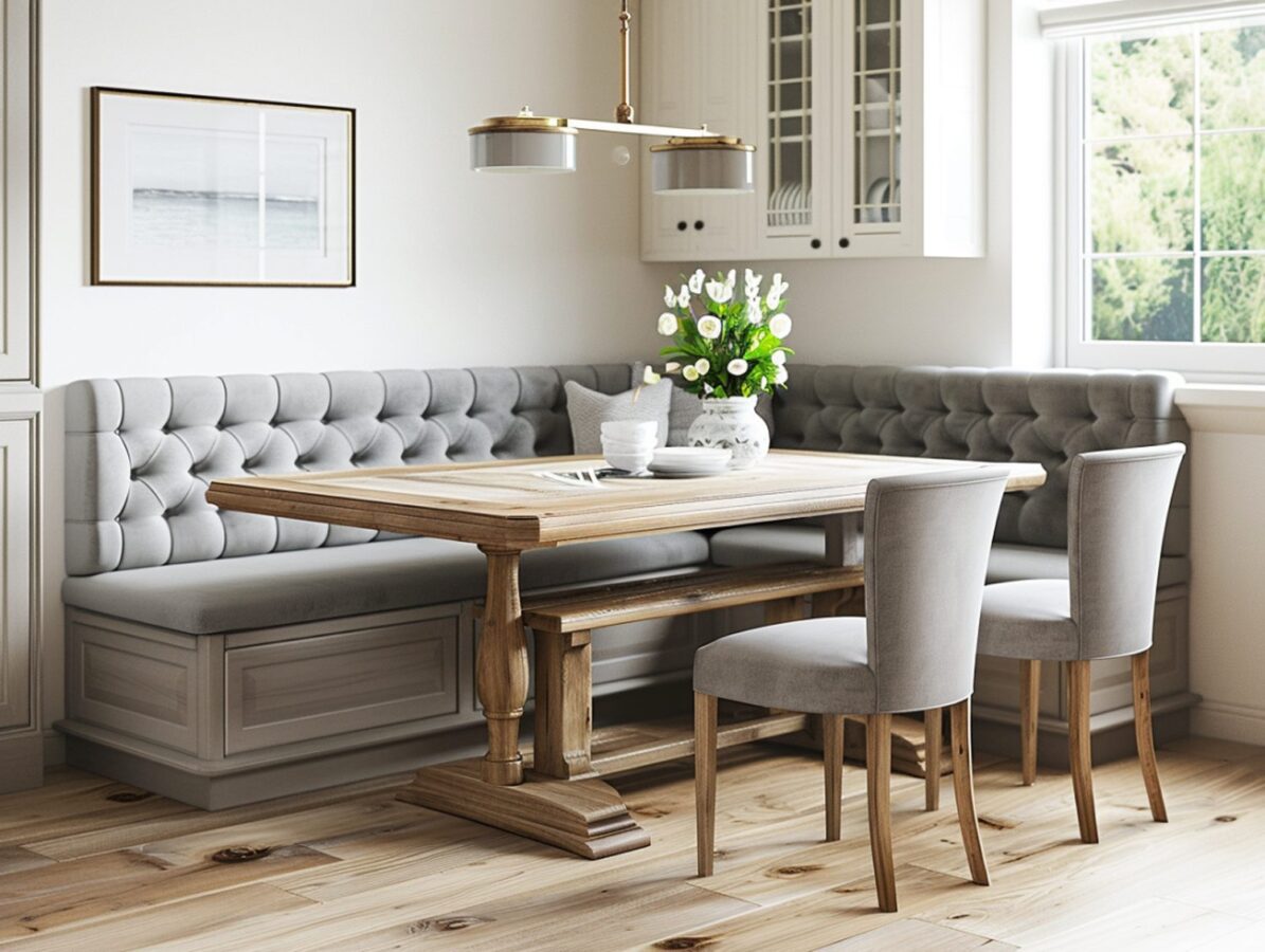 Szary narożnik tapicerowany z jadalnianym stołem w kuchni