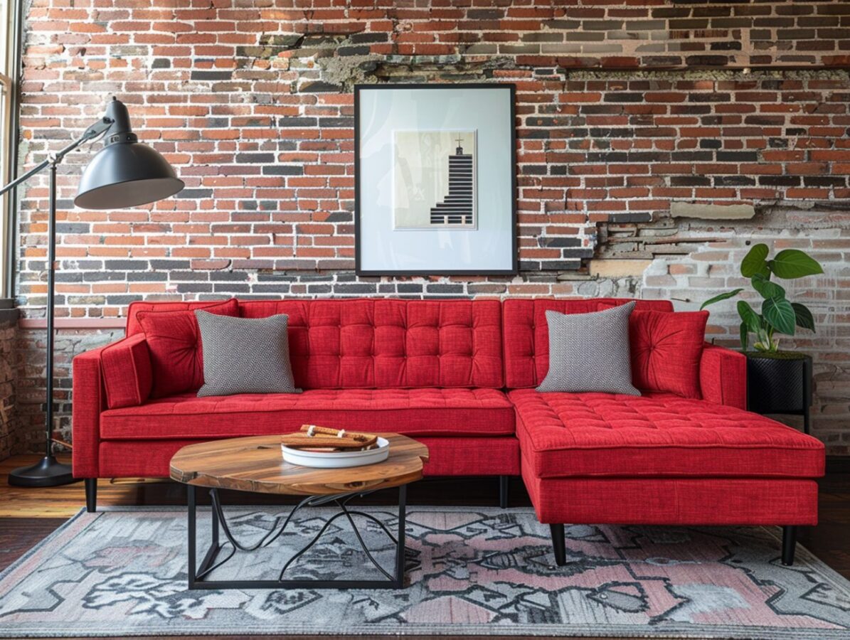 Ceglana ściana i czerwony narożnik w salonie w stylu industrialnym