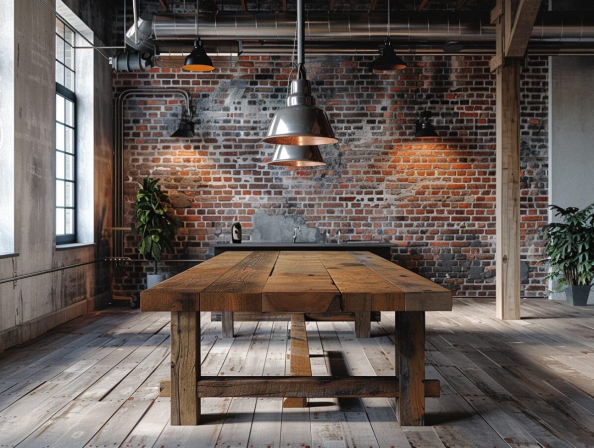 Drewniany stół z grubym blatem w industrialnej jadalni z ceglanym tłem