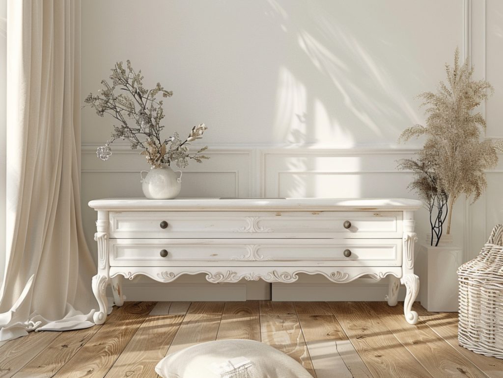 Biała konsola z giętymi nogami w eleganckim stylu prowansalskim