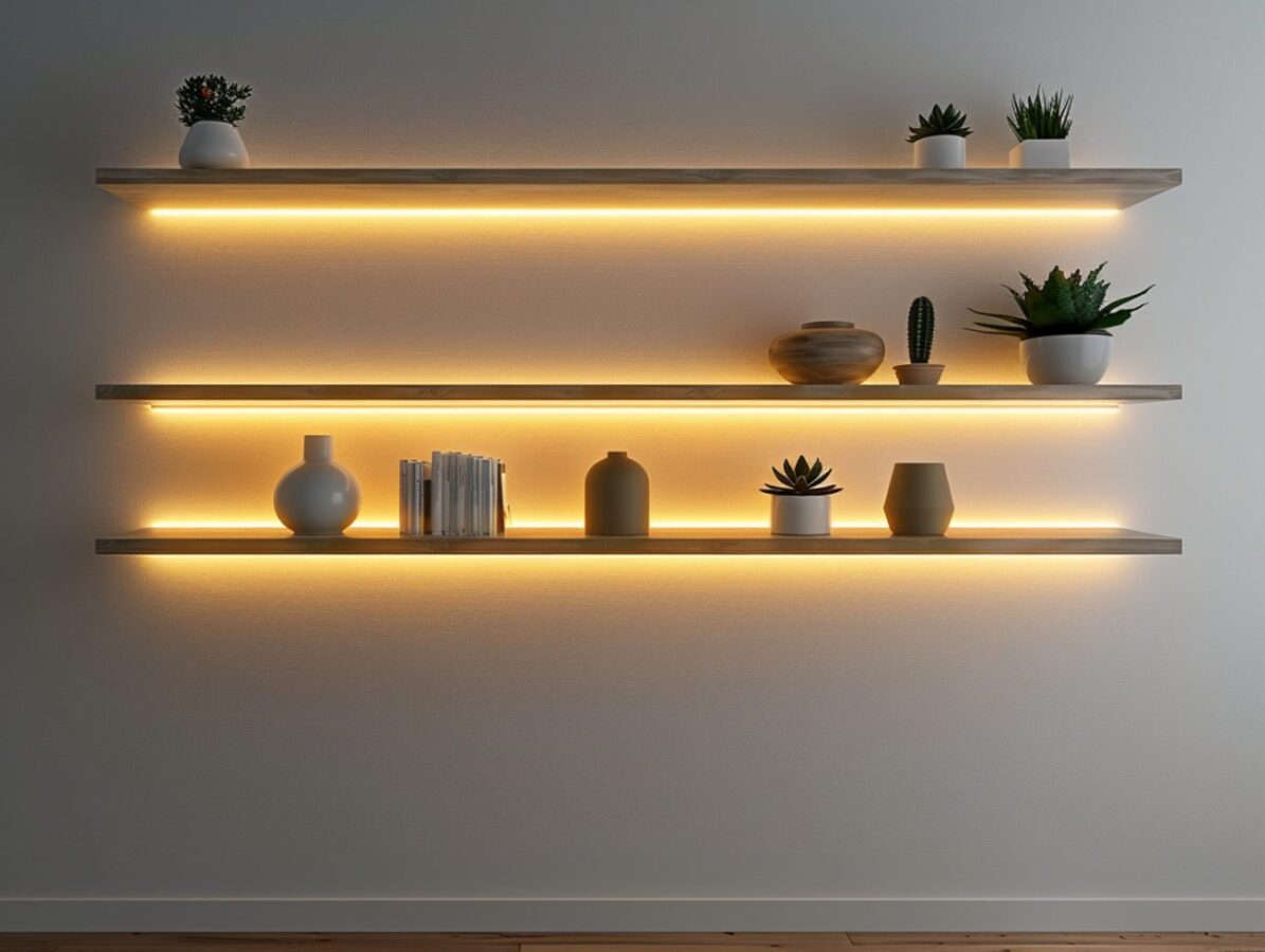 Podświetlane półki ścienne z dekoracjami w nowoczesnym salonie