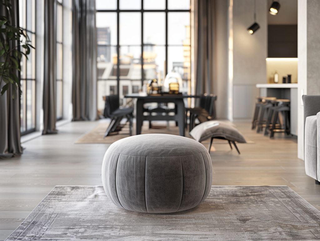 Tapicerowany puf w stylu glamour w loftowej jadalni