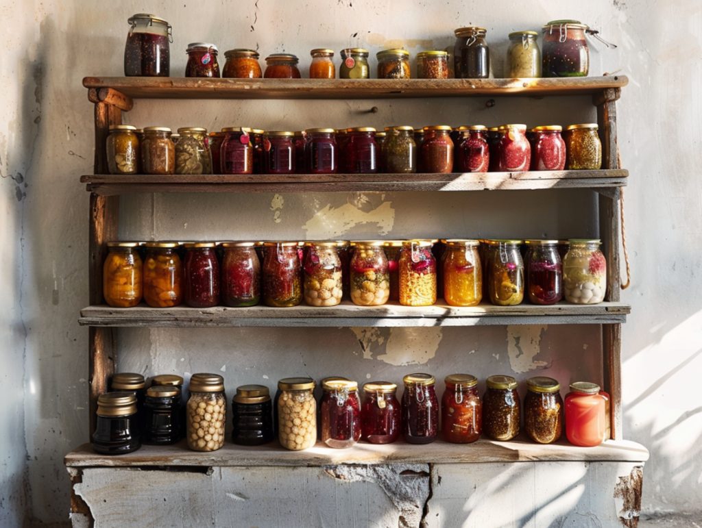 Półki z domowymi przetworami w rustykalnej kuchni lub spiżarni