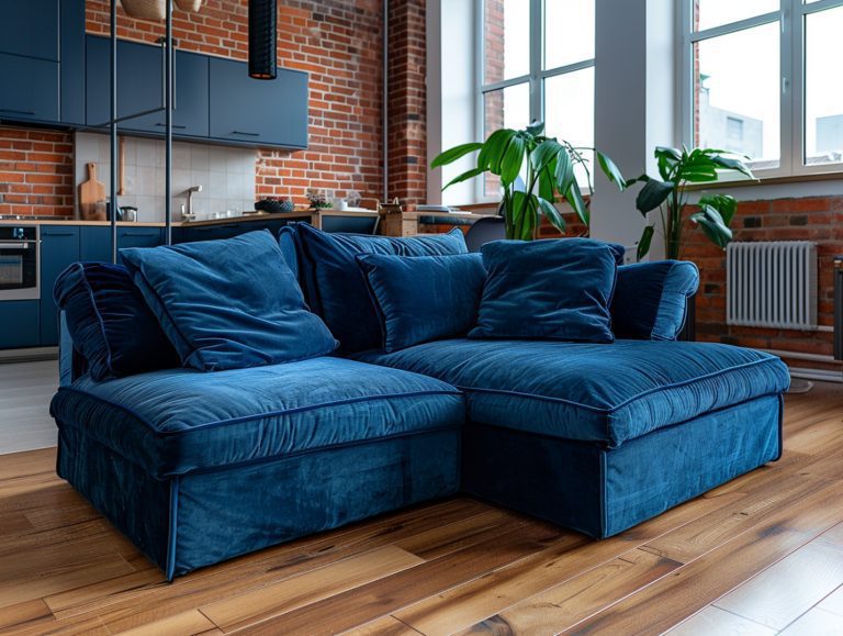 Granatowy narożnik welurowy w salonie loftowym z ceglanym akcentem