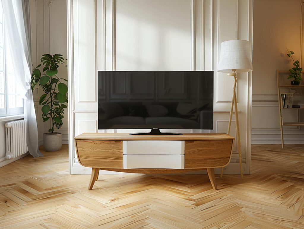 Komoda RTV z zaokrąglonymi krawędziami w stylu retro skandynawskim