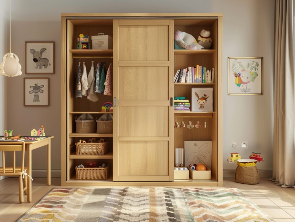 Regał z jasnego drewna z otwartymi półkami w dziecięcym pokoju