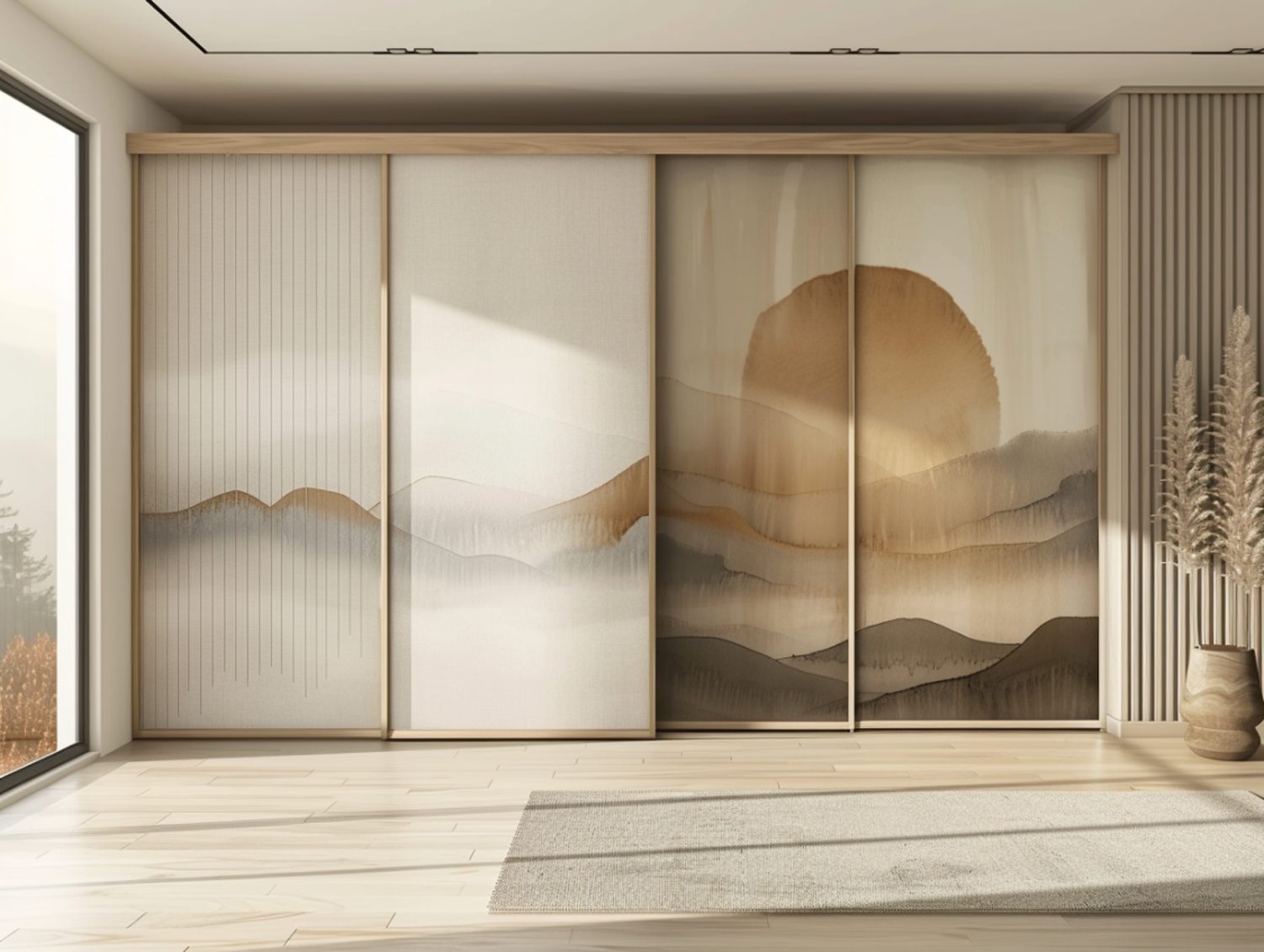 Szafa przesuwna z grafiką pejzażu górskiego w minimalistycznym wnętrzu