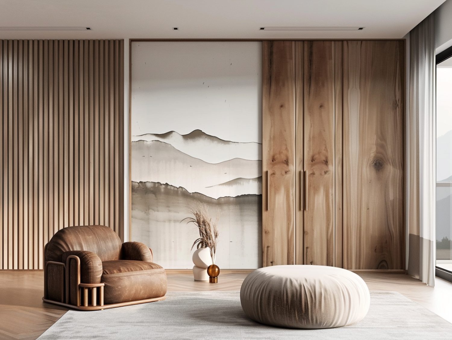 Drewniana szafa w stylu japandi z krajobrazem na szafie przesuwnej