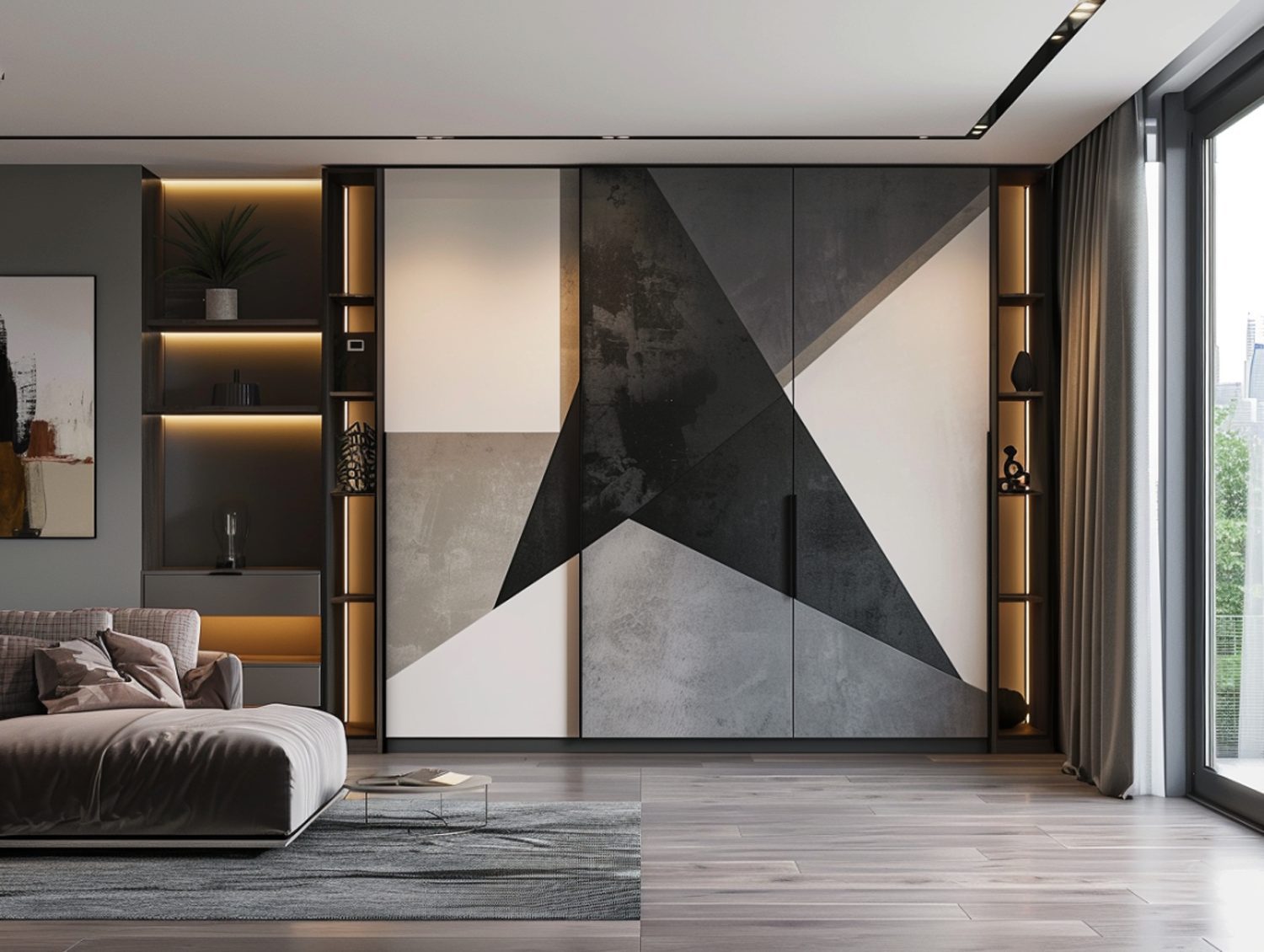 Ściana z dekoracyjnym panelem geometrycznym w nowoczesnym salonie