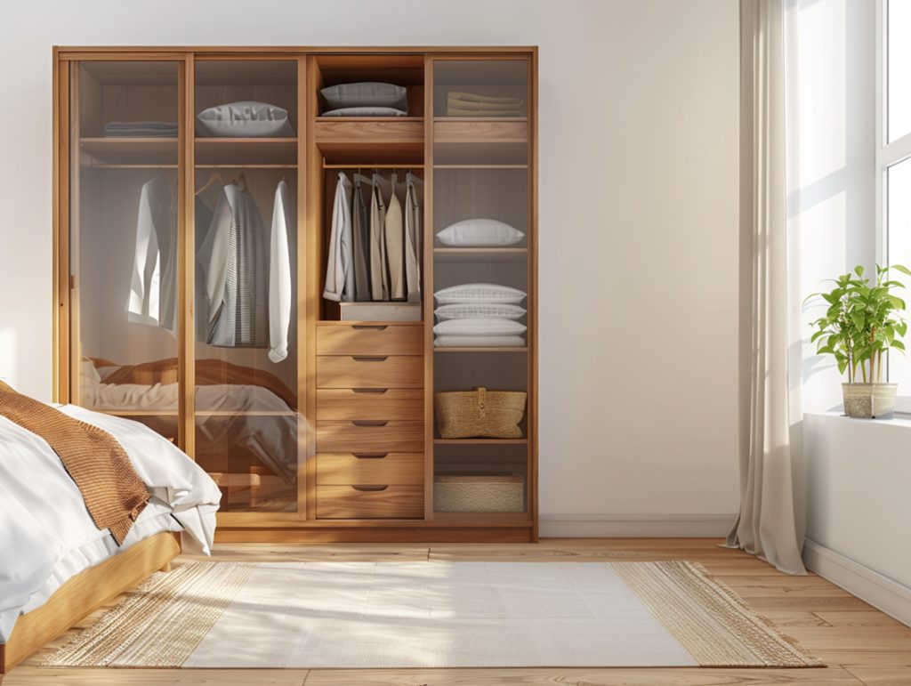 Garderoba z półkami i szufladami w stylu skandynawskim