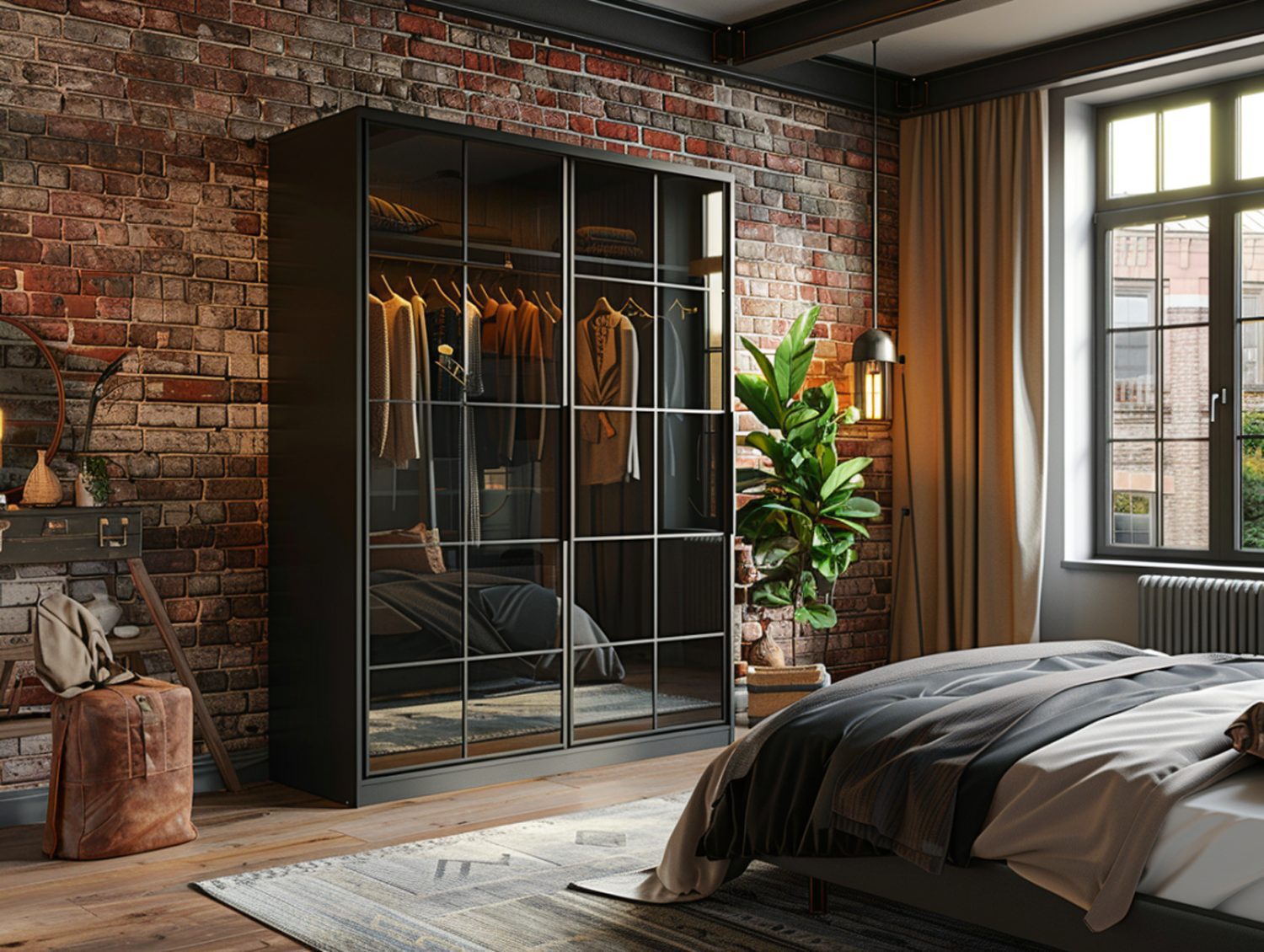 Garderoba z przeszklonymi drzwiami w loftowym wnętrzu z cegłą
